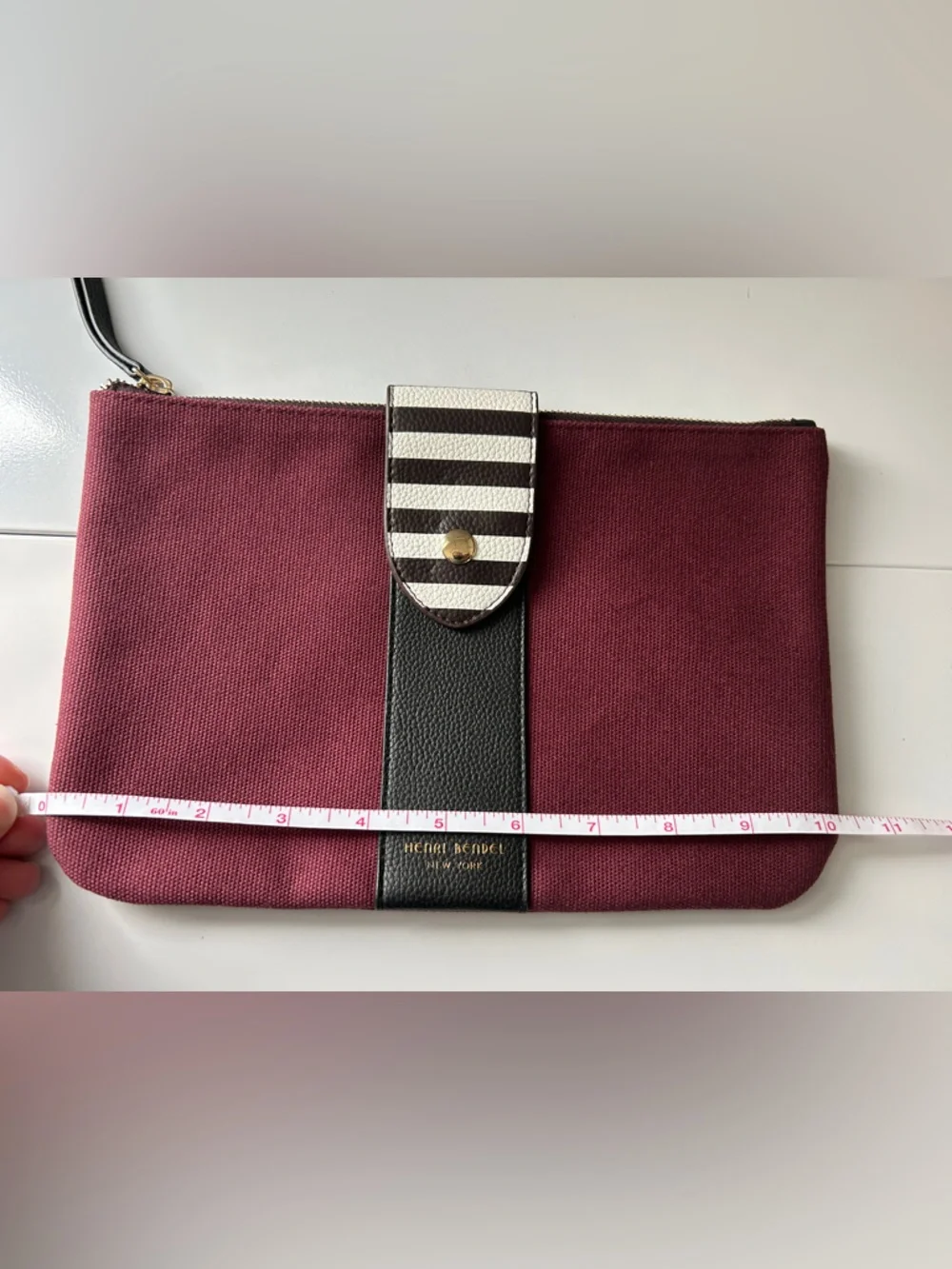 Henri Bendel Iconic Maroon Canvas Cosmetic Bag Zip Clutch Stripe Makeup Pouch